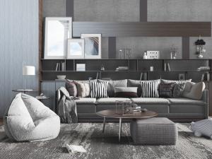 现代灰色多人长沙发、懒人沙发和茶几