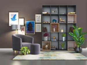 现代灰色单人沙发、坐墩和装饰柜3d模型 现代灰色单人沙发、坐墩和装饰柜