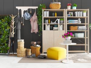 实木浅色书柜、黄色坐墩和植物背景墙