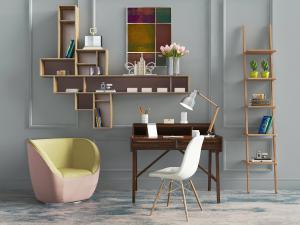 北欧粉色单人沙发、实木书桌椅组合3d模型 北欧粉色单人沙发、实木书桌椅组合