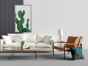 现代白色多人沙发和橙色休闲椅