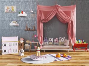 带有粉色帷幔的儿童床、卡通靠垫