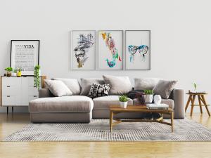 北欧浅灰色块状转角多人沙发、实木茶几和边柜