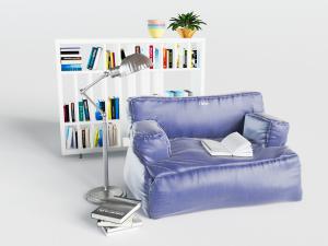 懒人单人沙发、落地灯、书架