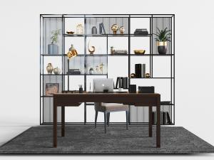 新中式实木长方形书桌椅、装饰柜3d模型 新中式实木长方形书桌椅、装饰柜