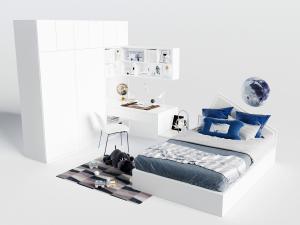 现代白色双人床、衣柜带有书桌椅组合