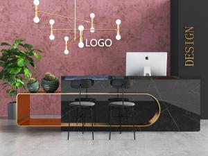 现代黑色大理石装饰金属元素的大堂前台接待