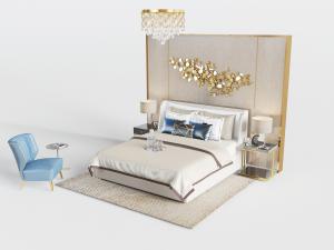 现代白色双人床、休闲椅