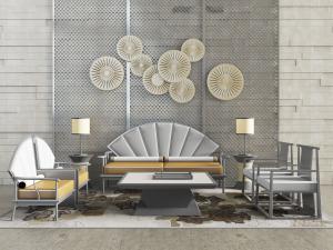 中式灰色扇形靠背多人沙发、单人沙发和休闲椅