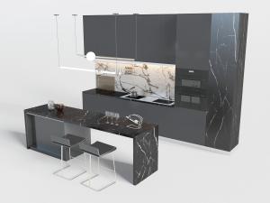 现代黑色整体橱柜、大理石纹理吧台