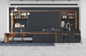 现代黑色整体橱柜、厨房中岛和实木吧台