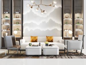 新中式白色多人沙发、休闲椅和方形茶几