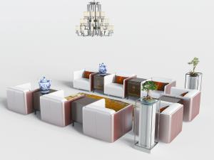 新中式方形单人沙发、边几和盆景3d模型 新中式方形单人沙发、边几和盆景