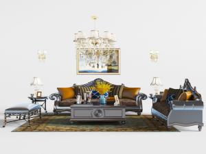 欧式古典真皮雕花多人沙发组合、水晶吊灯