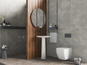 新中式洗手盆、圆镜和马桶