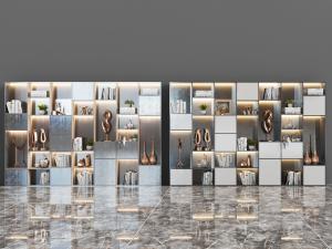 现代带有灯带的装饰柜、饰品摆件组合