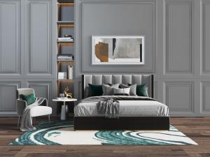 新中式灰色双人床、边几和休闲椅