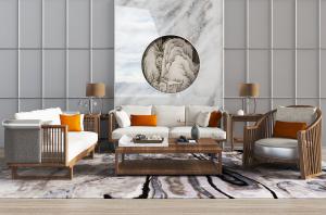 中式实木栅格框架的多人沙发组合、长方形茶几