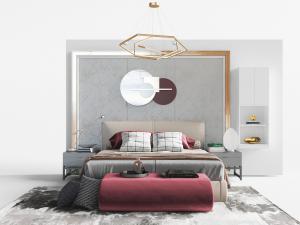 现代软包双人床、床头柜和床尾凳