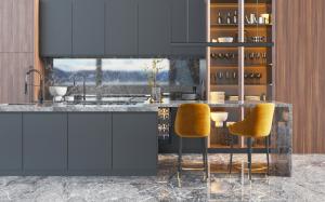 现代厨房中岛、大理石吧台和酒柜