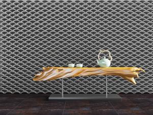 中式金属支撑的原木茶桌、茶具