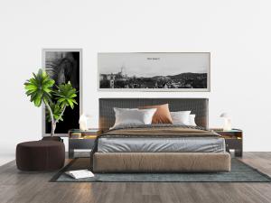 现代双人床、床头柜和圆形坐墩