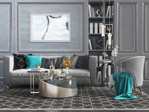 北欧多人长沙发、休闲椅、圆形茶几和背景墙