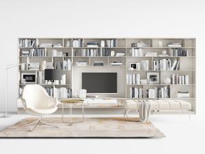 现代白色休闲椅、软包长凳和书柜