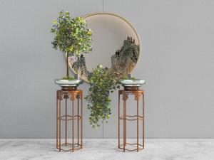 中式实木六边形花架、盆景植物