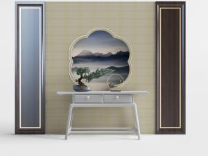 中式灰白色斜腿实木玄关案几、松树盆景3d模型 中式灰白色斜腿实木玄关案几、松树盆景