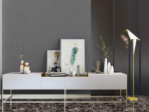 北欧白色高低台面的装饰柜、鸟形落地灯