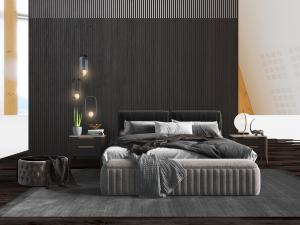 现代软包双人床、圆形坐墩和床头柜