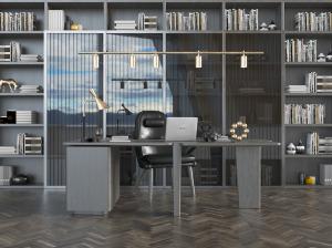 现代深灰色书桌椅组合、书柜3d模型 现代深灰色书桌椅组合、书柜