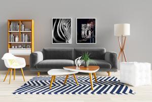 现代实木支架的多人沙发、方形坐墩