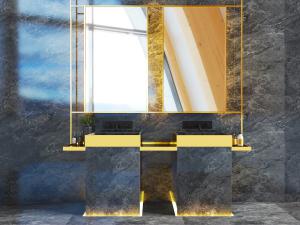 现代灰色大理石双盆洗手池、金属边框镜面组合