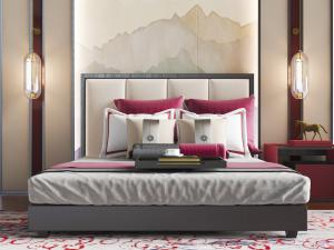 新中式软包床头双人床、床头玻璃壁灯