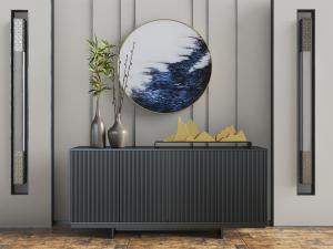 新中式黑色带有条形凹凸纹理的玄关柜和饰品摆件组合3d模型 新中式黑色带有条形凹凸纹理的玄关柜和饰品摆件组合