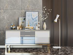 新中式轻奢装饰柜、饰品摆件和落地灯