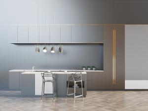 现代灰色橱柜、吊柜和厨房中岛水吧台