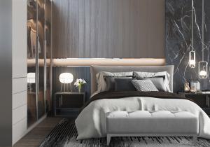 新中式灰白色双人床、床头柜和玻璃柜门衣柜