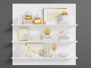 白色实木墙面隔板收纳架、饰品摆件