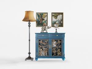 地中海做旧蓝色雕花柜门的装饰柜、边柜和落地灯3d模型 地中海做旧蓝色雕花柜门的装饰柜、边柜和落地灯