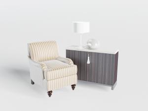 简欧条纹图案的单人沙发、边柜和台灯3d模型 简欧条纹图案的单人沙发、边柜和台灯