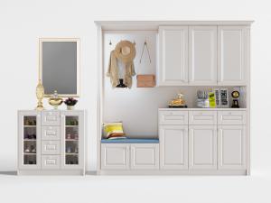 新中式白色玻璃柜门的鞋柜、玄关柜