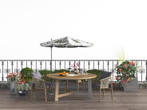 阳台遮阳伞、实木圆桌和藤编休闲椅