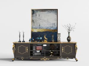 欧式古典金色雕花纹理的电视柜、装饰柜