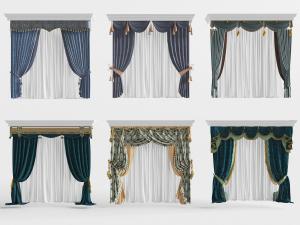 欧式蓝色带有吊坠帘头的窗帘