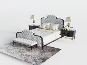 欧式软包床头和床尾的双人床、床头柜组合