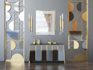 现代轻奢黑色装饰金色条状纹理的装饰柜