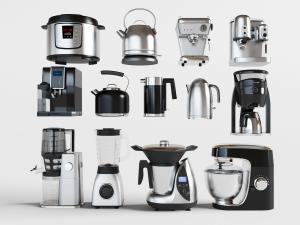 现代家用不锈钢电饭锅、厨师机、咖啡机厨房电器